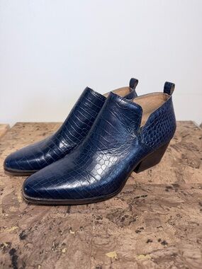 Franco Sarto Navy Croc-Embossed Ankle Booties